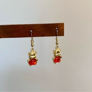 4/$15 Cute Gold Cows Red Crystal Glass Drop Earrings